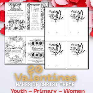 May include: A set of printable black and white cards featuring religious text and floral illustrations. The designs include phrases like Jehovah, I Am, Rock, Deliverer, and Walk With Me, with scripture references and spaces for names on the cards.