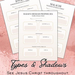 May include: A digital download featuring 70+ pages of religious study worksheets. The pages contain text such as Jonah Foreshadows Jesus Christ, Malachi Testifies of Jesus Christ, Isaiah's Messiah Prophecies, Types & Shadows, and See Jesus Christ Throughout the Story's of the Old Testament.