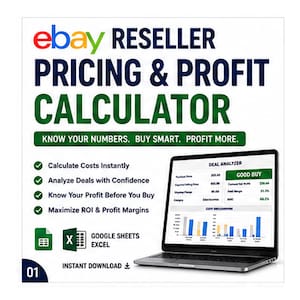 May include: A digital eBay reseller pricing and profit calculator displayed on a laptop screen. The graphic features the text eBay RESELLER PRICING & PROFIT CALCULATOR, lists benefits, and shows icons for Google Sheets and Excel software tools.