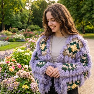 May include: A long-sleeved cardigan constructed from joined granny square motifs in shades of lavender, dark green, and cream. The garment features a shaggy, textured fringe trim in a vibrant lavender yarn throughout the entire surface.