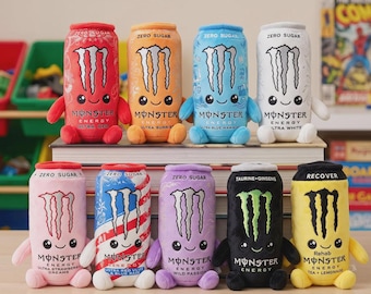 Peluche a forma di lattina di Monster Energy, con viso ricamato, regalo per videogiocatori (giocattolo imbottito)