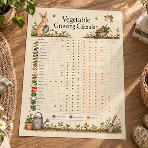 May include: A rectangular Vegetable Growing Calendar poster featuring illustrations of a rabbit and a duck. The chart lists various vegetables with a grid of colored dots indicating months for sowing indoors, sowing outdoors, and harvesting.