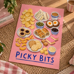 May include: A rectangular pink poster featuring a variety of food items including potato chips, sandwiches, scotch eggs, olives, sausage rolls, jam tarts, crackers, cakes, and dips. The text PICKY BITS is printed in blue at the bottom of the poster.