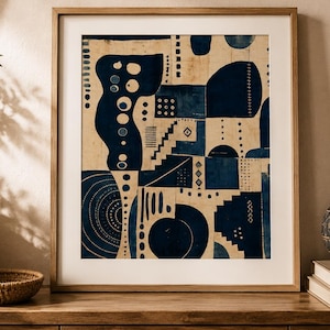 Afrohemian Indigo Wall Art - African Textile Print - Boho Geometric Decor - Blue and Ivory Artwork - Digital Download