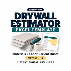 May include: A digital Drywall Estimator Excel Template by BuildProStudio featuring a stack of drywall panels, a metal putty knife with a green handle, a roll of mesh tape, and a spreadsheet graphic. Text includes Materials, Labor, Client Quote, and Metric + US.