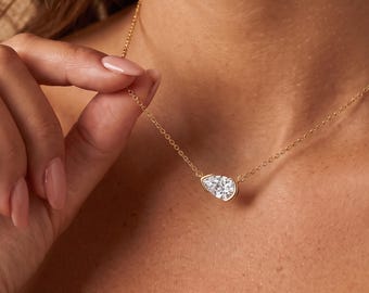 Pear East-West Set Lab Diamond Necklace Minimalist 1Carat Solitaire Pendant 14k Solid Gold Stackable Jewelry Birthday Wedding Gift for Women