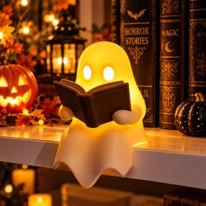 May include: A glowing, cream-colored ghost figurine sitting on a ledge, holding an open dark book. The ghost has two oval-shaped eyes and a smooth, rounded head. The figure emits a warm, soft light, illuminating the book and its own form.