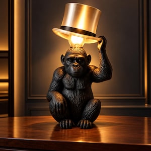 May include: A black chimpanzee figurine table lamp featuring a textured dark finish. The chimpanzee is depicted in a seated position, holding a metallic gold top hat above its head, which serves as a lampshade for the illuminated light bulb.