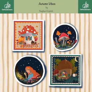 May include: Four decorative stickers featuring autumn themes. Two are square with 'September 2026' text, one showing a mushroom house with a pumpkin, the other an acorn house. Two are circular, one with mushrooms at night, one with a person holding a light.