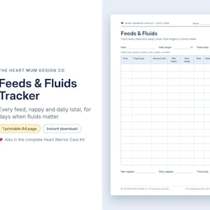 Op de afbeelding: Een printbaar A4-formulier voor het bijhouden van Feeds & Fluids met een tabel voor tijd, type voeding, hoeveelheid in ml, natte en vieze luiers en notities. De koptekst bevat Heart Warrior Care Kit Daily Care en ruimte voor een naam.