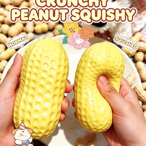 Puede incluir: Dos juguetes squishy con forma de cacahuete amarillo, uno en su forma original y otro comprimido, con el texto CRUNCHY PEANUT SQUISHY, NORMAL y SQUISHED, un pequeño perro de dibujos animados y flores sobre un fondo de cacahuetes reales.