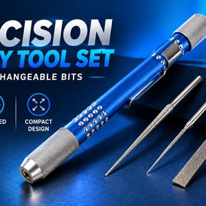 May include: A blue precision rotary tool set featuring a knurled grip handle and four interchangeable bits. The text reads PRECISION ROTARY TOOL SET, 4 INTERCHANGEABLE BITS, PRECISION TIPS, KNURLED GRIP, and COMPACT DESIGN.