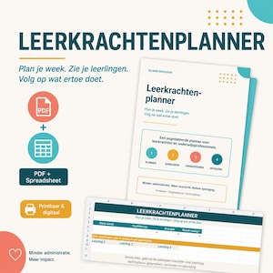 Op de afbeelding: Een digitale en printbare leerkrachtenplanner genaamd LEERKRACHTENPLANNER, bestaande uit een PDF-document en een spreadsheet. De indeling bevat secties voor het plannen, signaleren, ondersteunen en opvolgen van leerlingen.