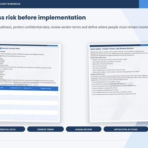 May include: A page from an AI Workflow Audit Workbook titled Assess risk before implementation. It features two sections: Identify Potential Risks with a risk assessment table, and Data Safety, Vendor Terms, and Human Review with a checklist.