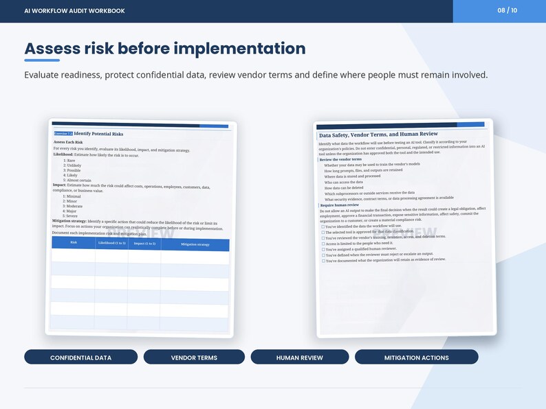 May include: A page from an AI Workflow Audit Workbook titled Assess risk before implementation. It features two sections: Identify Potential Risks with a risk assessment table, and Data Safety, Vendor Terms, and Human Review with a checklist.