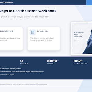May include: An AI Workflow Audit Workbook digital document featuring two options: a printable PDF and a fillable PDF. The workbook includes 64 pages in US Letter 8.5 x 11 inch format. The cover displays the title AI Workflow Audit Workbook with a blue geometric graphic design.