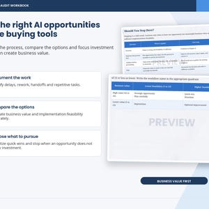 May include: An AI Workflow Audit Workbook page titled Find the right AI opportunities before buying tools. It features three numbered steps for process evaluation and two preview tables titled Should You Step Here and a quadrant matrix for business value.