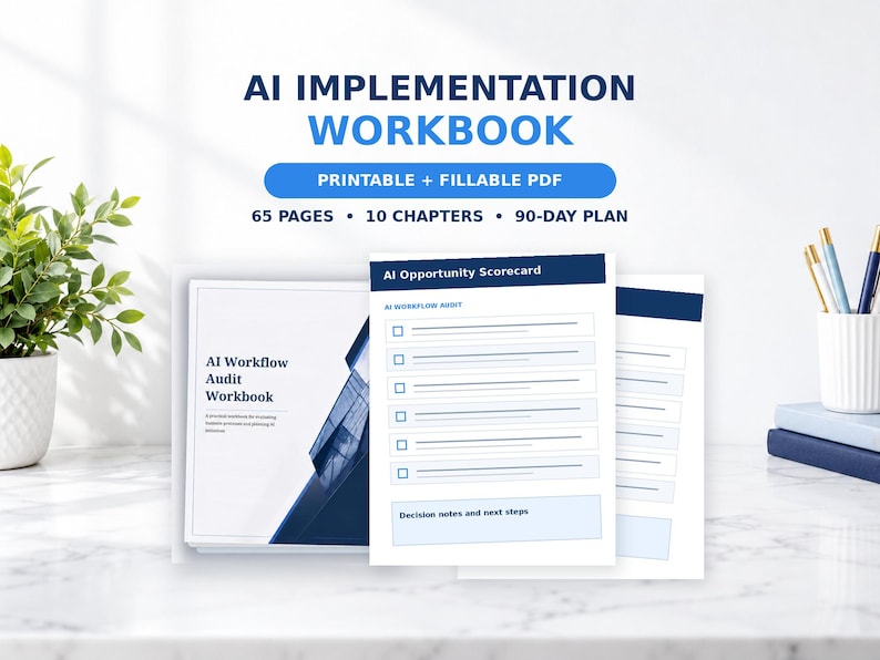 May include: AI Implementation Workbook, a printable and fillable PDF with 65 pages, 10 chapters, and a 90-day plan. The document features an AI Workflow Audit cover and an AI Opportunity Scorecard page with checkboxes and lines for notes.