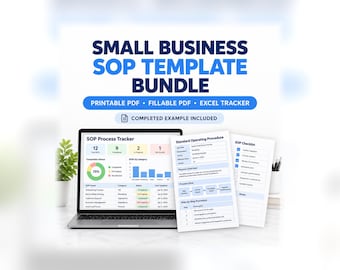 May include: Small Business SOP Template Bundle featuring a laptop displaying an SOP Process Tracker dashboard, alongside printed Standard Operating Procedure and SOP Checklist documents. Includes printable PDF, fillable PDF, and Excel tracker.