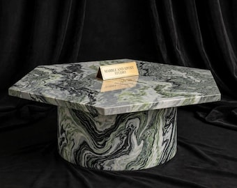 Green Swirl Marble Hexagonal Coffee Table | Handcrafted Geometric Pedestal Center Table | Luxury Stone Living Room Furniture