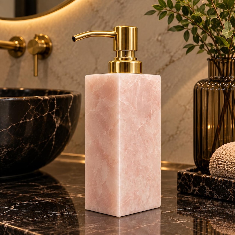 Metal Pump Texture Pink Quartz Soap Dispenser | Rose Quartz Natural Stone Lotion Pump ...