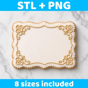 May include: A rectangular cookie cutter with a scalloped edge and a beaded border. The design features gold-coloured filigree scrollwork in each of the four corners. The text STL + PNG and 8 sizes included is visible on the blue background.