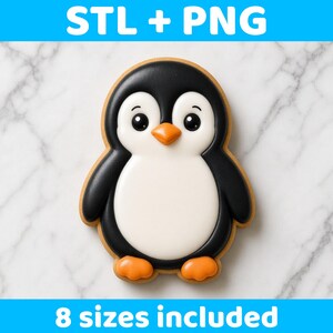 May include: A penguin-shaped cookie cutter design featuring a black and white body with an orange beak and feet. The text STL + PNG is at the top and 8 sizes included is at the bottom. The design has a smooth finish and clear outlines.