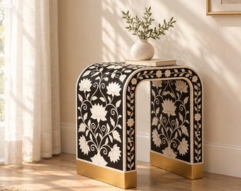 Floral Bone Inlay Side Table, Indian Accent Nightstand with Gold Base
