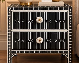 Handmade Black Bone Inlay Nightstand, Geometric 2 Drawer Bedside Table, Luxury Accent Cabinet