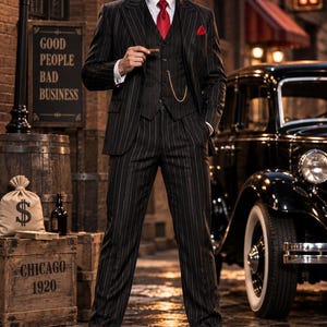 Può includere: Un abito a tre pezzi nero gessato con camicia bianca, cravatta rossa e pochette rossa abbinata. L'outfit include un cappello fedora nero con fascia rossa, una catena per orologio da taschino dorata e scarpe eleganti in pelle nera.