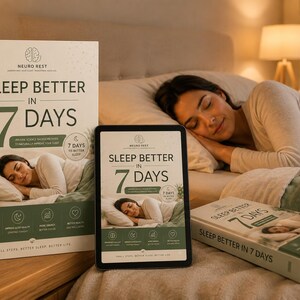 Peut inclure: Un livre et une tablette numérique intitulés Sleep Better in 7 Days, présentant une image de couverture d'une personne endormie. Le livre est affiché en position verticale et à plat, tandis que la tablette est posée verticalement, tous affichant le texte.