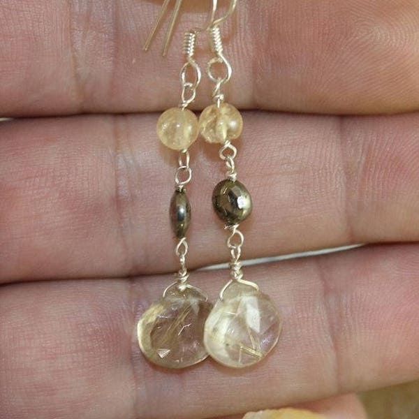 boucles d'oreilles quartz rutilé doré, pyrite et argent