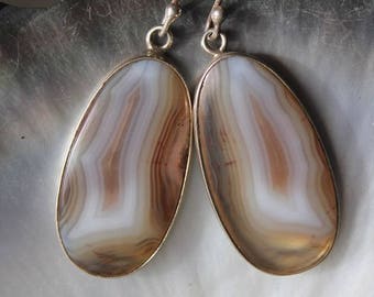 Boucles d'oreilles en pierres d' agate rubanée sertie argent 925