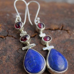 Silver earrings triptik stones natural garnet lapis lazuli shantilight