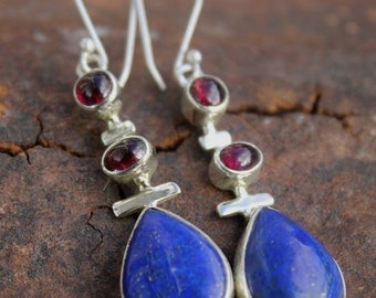 Boucles d'oreilles argent triptik pierres naturelles grenat lapis lazuli shantilight