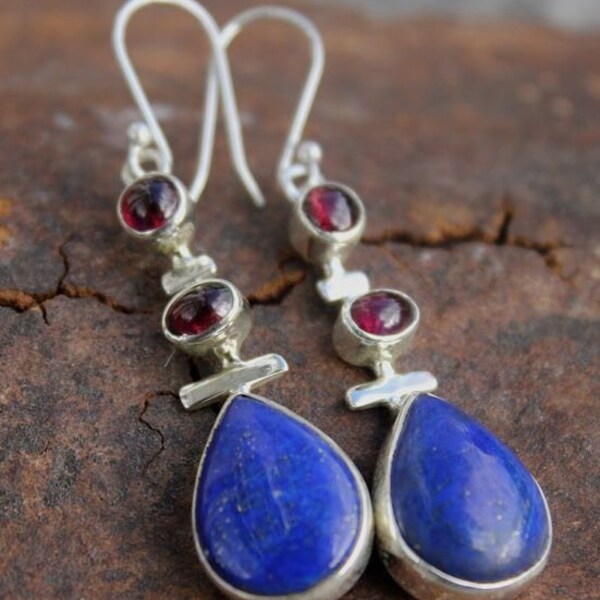 Zilveren oorbellen triptik stenen natuurlijke granaat lapis lazuli shantilight