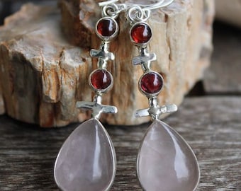 Boucles d'oreilles ethniques triptik bijoux argent grenat quartz rose shantilight