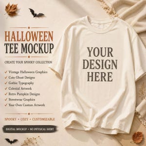 Peut inclure: Un t-shirt à manches courtes couleur crème avec le texte YOUR DESIGN HERE en gris foncé. L'image contient le texte HALLOWEEN TEE MOCKUP, CREATE YOUR SPOOKY COLLECTION, une liste de styles graphiques, ainsi que des icônes de chauve-souris.