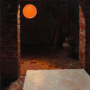 May include: An oil painting depicting a dark interior space framed by red brick walls. A bright, circular orange light glows from a window in the background. A dark, stacked ceramic vessel sits in the corner, and a textured white surface is in the foreground.