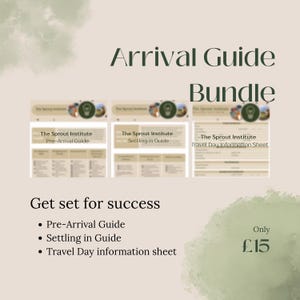 May include: An Arrival Guide Bundle featuring three documents titled The Sprout Institute Pre-Arrival Guide, Settling in Guide, and Travel Day Information Sheet. The text Get set for success is displayed alongside a list of the included documents.
