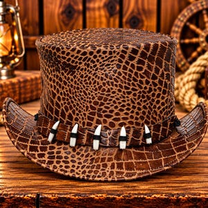 Puede incluir: Un sombrero de copa marrón con un patrón texturizado de piel de cocodrilo. El sombrero incluye una banda marrón a juego adornada con cinco adornos blancos en forma de dientes puntiagudos, cada uno sujeto con un anillo negro en la base.