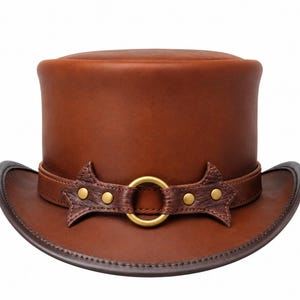Brown Steampunk Top Hat, Western Leather Look Hat with Gold Ring and Studded Band, Gothic Cowboy Hat, Vintage Pirate Costume Headwear