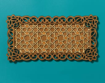 The Great Mosque of Kairouan Plaque - Islamic Geometric Wall Art - Sapele wood border, Basswood lattice (11x6")