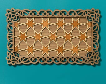 The Umayyad Mosque - Islamic Geometric Wall Art - Walnut wood border, Basswood lattice, Cherry inlays (11x7")