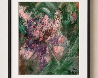 Floral Field – Original Abstract Floral Painting 15×20 cm | Small Acrylic Canvas Art | Pink Green Botanical Wall Decor