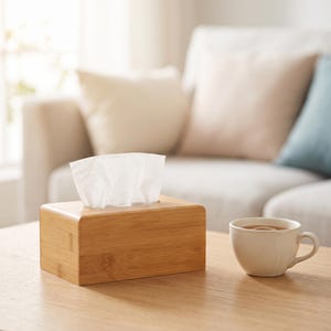 May include: A rectangular light brown bamboo tissue box holder with a smooth finish, containing a stack of white paper tissues protruding from the top opening, positioned next to a plain white ceramic mug on a wooden surface.
