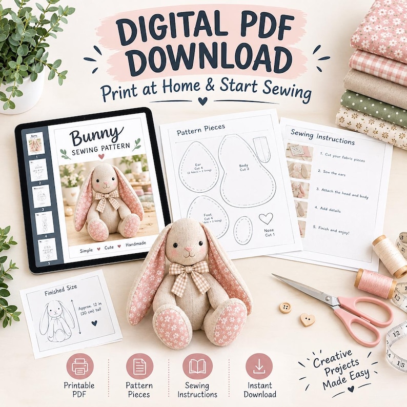 Bunny Sewing Pattern PDF, Stuffed Animal Tutorial, Nursery Decor DIY ...