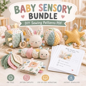Peut inclure: Un ensemble de patrons de couture DIY PDF pour jouets sensoriels pour bébé comprenant des jouets en tissu comme un cube, un lapin, une balle, une étoile, une chenille et un livre souple. Les instructions imprimées incluent des modèles.