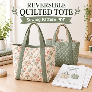 Könnte beinhalten: Ein PDF-Schnittmuster für eine wendbare, gesteppte Tragetasche. Die Tasche hat eine Seite aus cremefarbenem Stoff mit rosa Blumenmuster und eine Seite aus salbeigrünem Stoff mit kleinen weißen Blumen, beide mit salbeigrünen Stoffhenkeln.