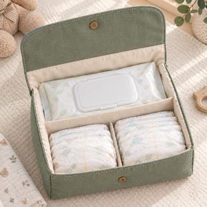 May include: A sage green fabric organizer case with a hinged lid and a snap closure. The interior is divided into three compartments, containing a white plastic-lidded pack of wet wipes and two stacks of folded disposable diapers with leaf patterns.